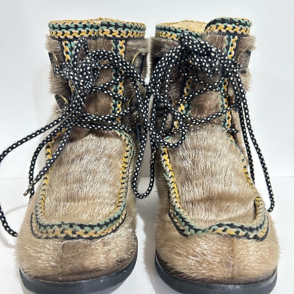 Vintage 80s Seal Skin Lace Up Winter Boots Shearling Braided & Leather Trim 6.5 - Picture 13 of 16